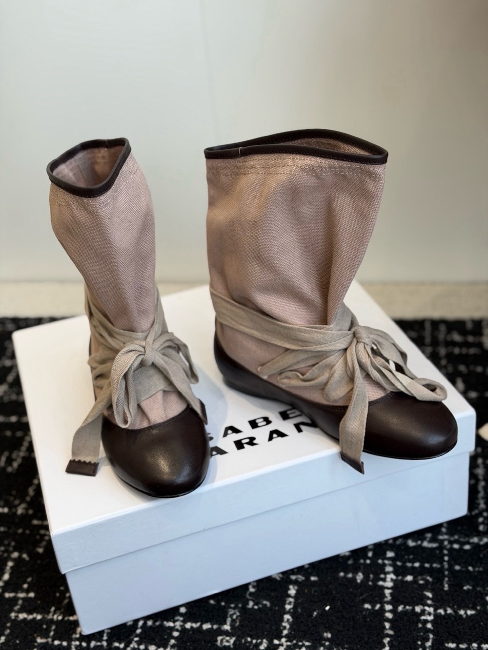 Isabel Marant Two-Tone Beige Canvas and Dark Brown Leather Ankle Wrap Boots